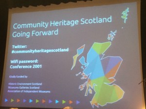 Welcome presentation slide with the title of the event and the hashtag #communityheritagescotland