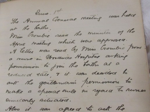 “A letter was read by Miss Crombie [the Ladies section secretary] from a nurse in Woodside Hospital asking permission to join the Baths at a reduced rate, and it was decided to ask the gentlemen’s  permission to make a special rule in regard to nurses similarly situated.”