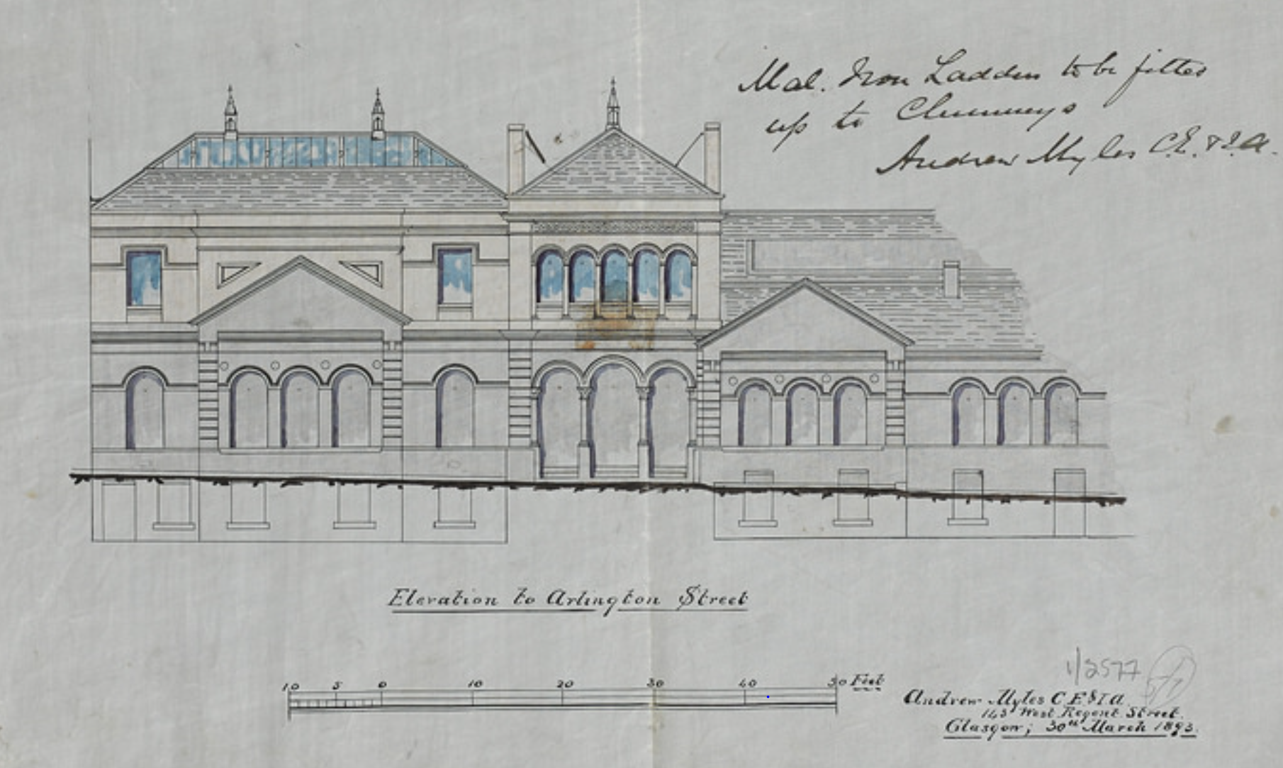 An architectural drawing of the front facade of the Arlington Baths showing the first floor extension 