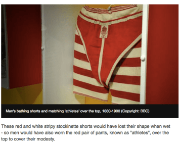 Photo of a man's bathing suit, tight striped shorts with red pants over the top.