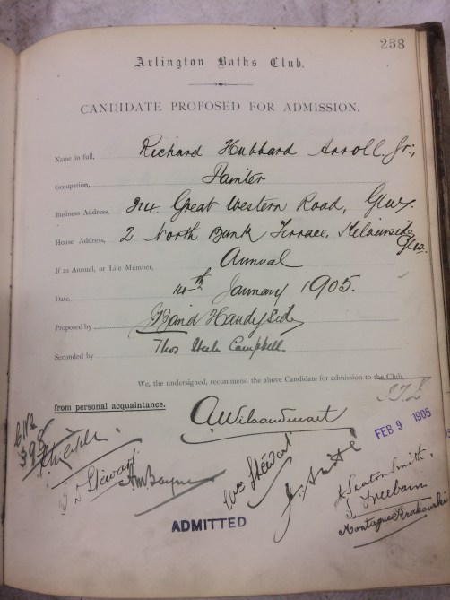 Proposal form filled in with handwritten details of Richard Hubbard Arroll's application to join the Arlington Baths