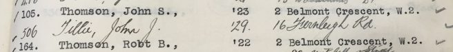 Excerpt from Arlington Baths Club membership list 1927 showing this text [membership number] 105. Thomson, John S., [date admitted] 23, 2 D Belmont Crescent, W.2. and [membership number] 164, Thomson, Robt. B.[date admitted] 22, 2 V Belmont Crescent, W.2. Also between them is handwritten 506, Tillie, John J, 29, 16 Fernleigh Road