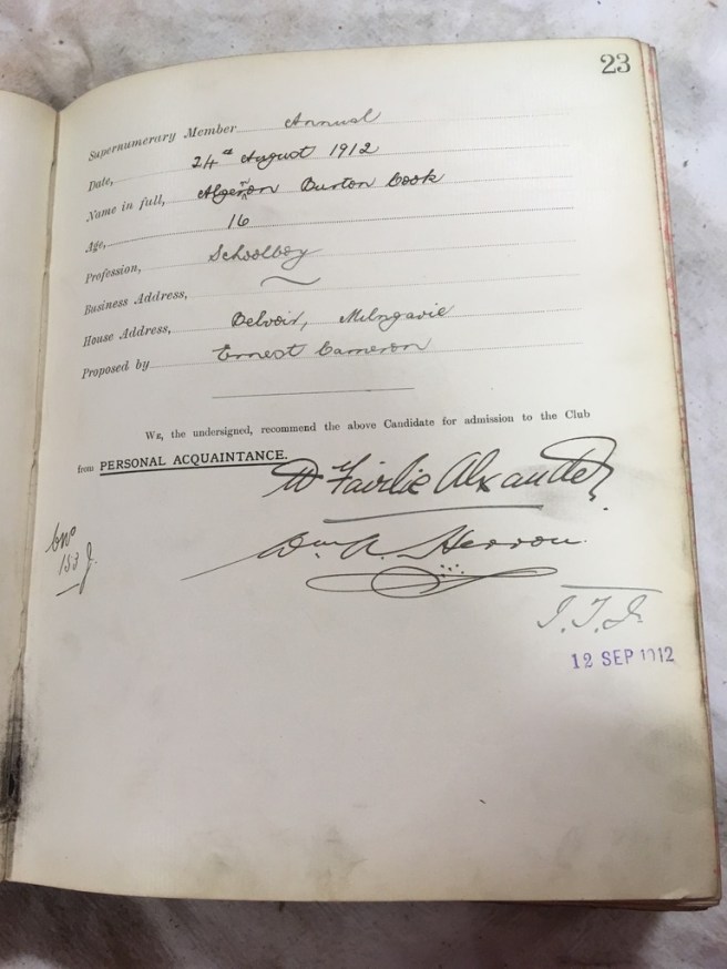 24 August 1912, Algernon Burton Cook, age 16, Schoolboy, Belvoir, Milngavie, Proposed by Ernest Cameron and supported by W Fairlie Alexander and W A Herron.