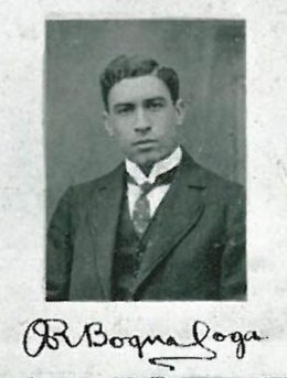 Head and shoulders photograph of Alexander Soga in a shirt, tie, waistcoat and jacket, with his signature below