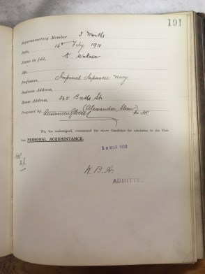 Supernumerary member: Three months Date: 16 February 1910 Name in full: K Wakasa Age: Profession: Imperial Japanese Navy Business address: House Address: 365 Baths Street Proposed by: Alexander Sloan Membership number: 36 S Admitted: 10 March 1910