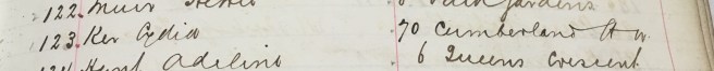 Handwritten entry saying 123, Ker, Lydia, 70 Cumberland Street W
