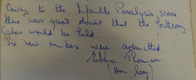 Handwritten minutes with the text 'Owing to the Infantile Paralysis scare there was great doubt that the forthcoming Galas would be held'. Signed 'Ella Thomson (Hon Sec)'