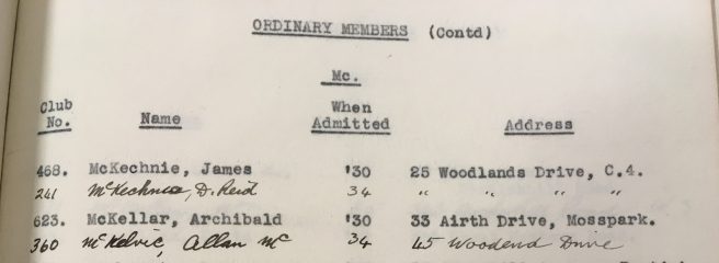 Text reads: Club no: 623. Name: Mckellar, Archibald. When admitted: 1930. Address: 33 Airth Drive, Mosspark.