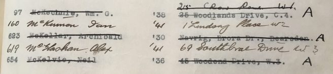 Text reads: 623, Mckellar, Archibald. 1930, Navrig, Brora Drive, Bearsden. A. The text is scored out by hand.