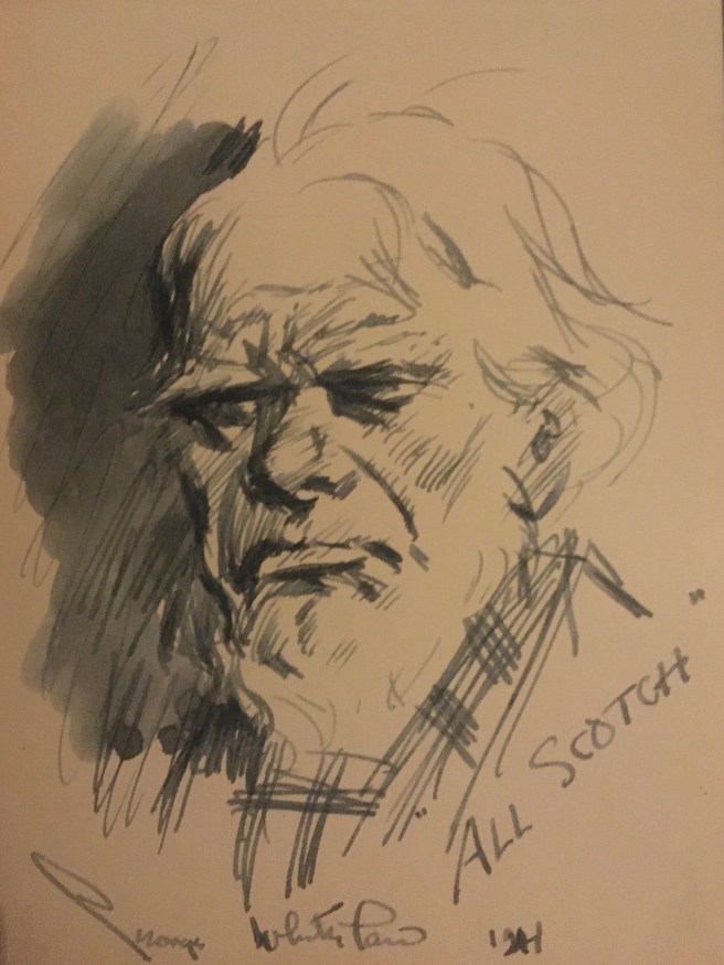 Pencil and ink sketch of the head of an old man on a brown paper entitled ALL SCOTCH, signed George Whitelaw and dated 1941