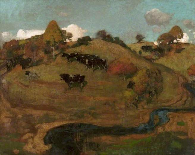 An oil painting showing black and white cows in a hilly green and brown landscape. There is s small river in the foreground