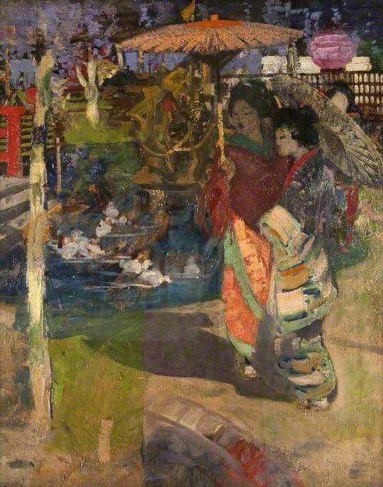 Painting of two Japanese women in kimonos and holding parasols standing in a garden with a pond and flowers, trees and a purple paper lantern