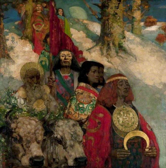 A colourful painting showing a procession of men and women in cloaks with celtic symbols and gold jewllery, walking down from a hill in the moolight. There are also two white cows with mistletoe on their horns
