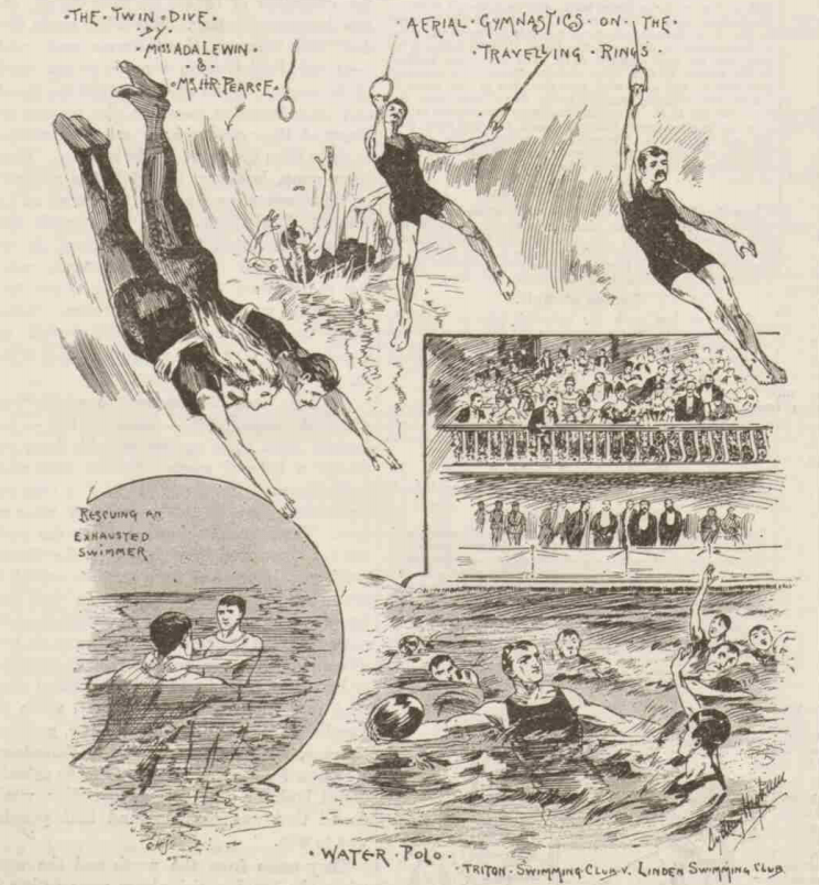 Magazine page with four cartoons depicting activities at the Baths Club with people in bathing suits. Firstly a man and woman diving, each with one arm around the other's waist and entitled 'The Twin Dive by Miss Ada Lewin and Mr HR Pearce'. Secondly, two men swinging on the rings over the pool, while another one is falling into the water having lost his grip. It is entitled ' Aerial gymnastics on the travelling rings'. Thirdly, two men facing each other in the water with one with his arms round the others' neck. Entitled ' Rescuing an exhausted swimmer'. Finally eight men in the water, two with an arm up and one with a ball in his hand. Behind them a group fo men in evening dress watch from the side of the pool and gentlemen and ladies watch from seats in a balcony. The caption is 'Water polo. Triton Swimming Club V Linden Swimming Club'.