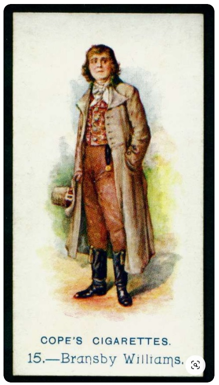 A coloured drawing of Bransby William in costume on a card promoting Cope's Cigarettes