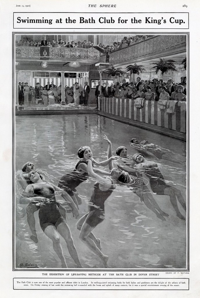 Page from a magazine with a full size illustration showing four pairs of women in the swimming pool demonstrating life-saving techniques watched by a crowd of well-dressed men and women around the sides of the pool and from a balcony. The headline reads' Swimming at the Bath Club for the King's Cup. And the text below the image reads 'The Exhibition of Life-Saving Methods at the Baths Club in Dover Street. Drawn by F Matania.' Below that is 'The Baths Club is now one of the most popular and affluent clubs in London. Its well apppointed swimming baths for both ladies and gentlemen are the delight of the athletic of both sexes. On Friday evening of last week the swimming ahll resourncedd wi the boom and splash of many contests, for it was a special entertainment evening of the season.