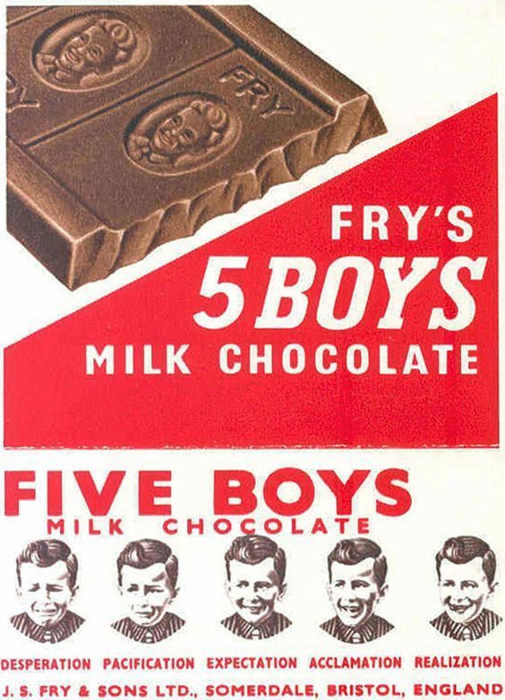 1950s advert for Fry's 5 Boys Mil chocolate showing sketches of five boys with increasingly cheerful expressions, labelled Desperation, Pacification, Expectation, Acclamation, Realization, and an illustration of the chocolate bar, also with boys faces on.