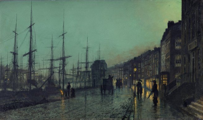 painting of a docikside at twilight with ships moored on one side and people walking down a road and pavement on the other. Light is spilling out of shop and office indows on to the street surface which is shiny with rain.