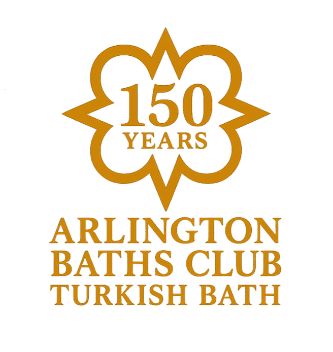 Logo with the words '150 years' inside a pattern of four alternate loops and spikes and the words 'Arlington Baths Club Turkish Bath' underneath, in gold on a white background.